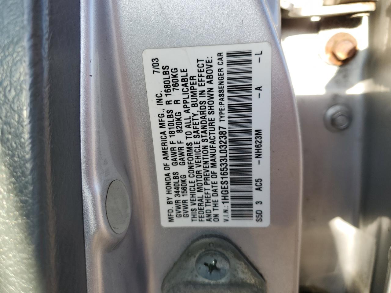 2003 Honda Civic Lx VIN: 1HGES16533L032387 Lot: 50179114