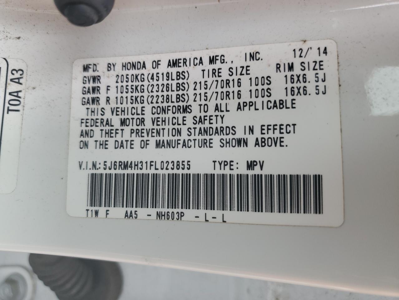 2015 Honda Cr-V Lx VIN: 5J6RM4H31FL023855 Lot: 52292674