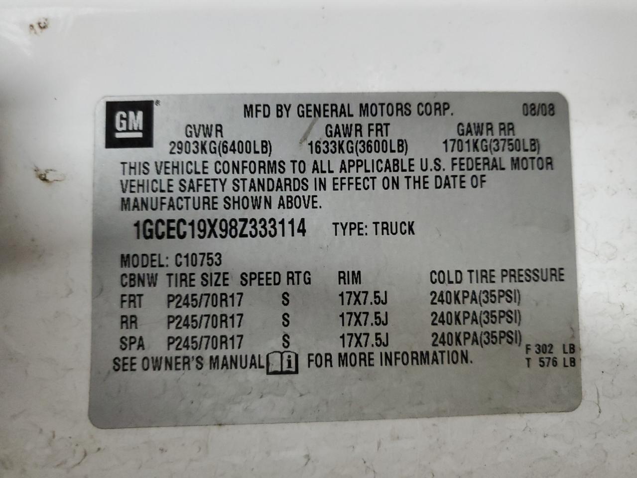 2008 Chevrolet Silverado C1500 VIN: 1GCEC19X98Z333114 Lot: 52503454