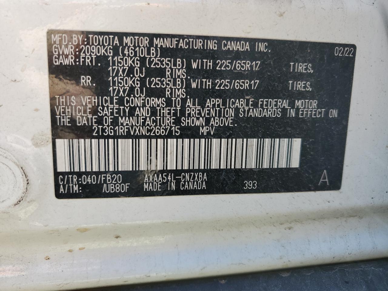 2T3G1RFVXNC266715 2022 Toyota Rav4 Le