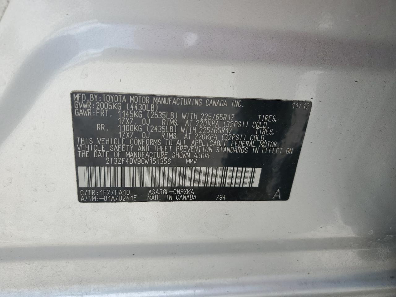 2012 Toyota Rav4 VIN: 2T3ZF4DV9CW151356 Lot: 50334794