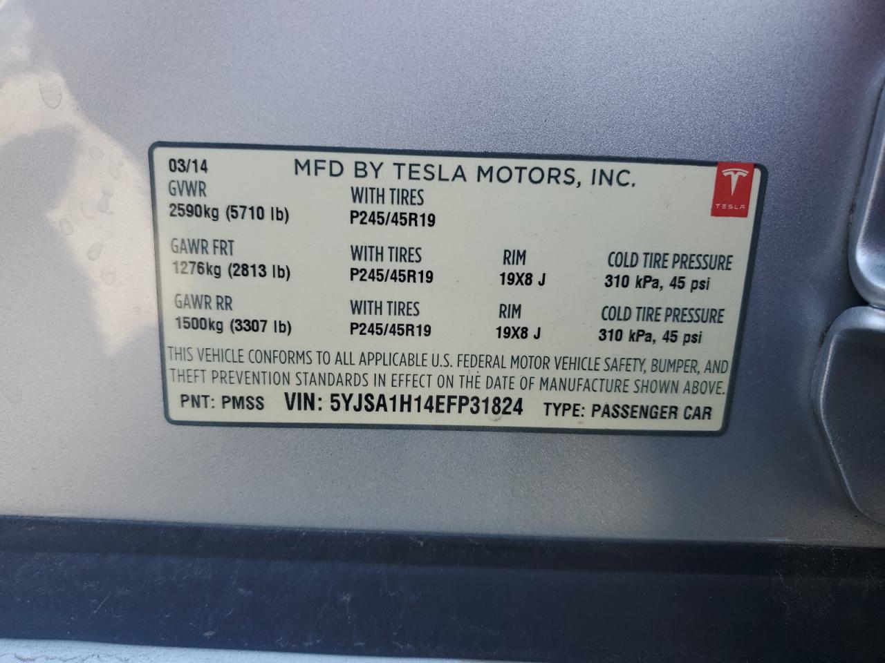 2014 Tesla Model S VIN: 5YJSA1H14EFP31824 Lot: 51372804