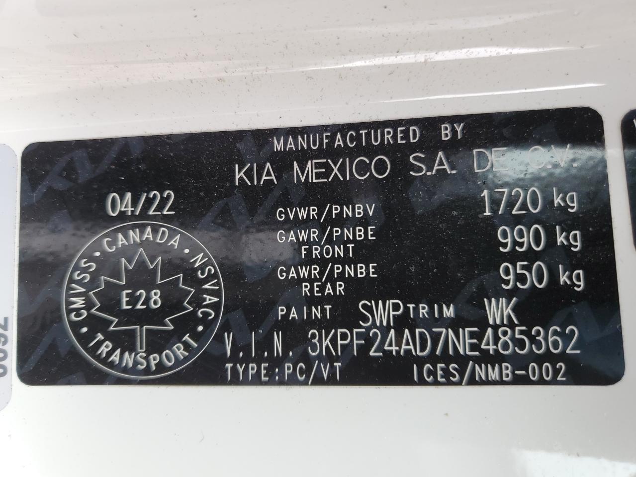 3KPF24AD7NE485362 2022 Kia Forte Fe