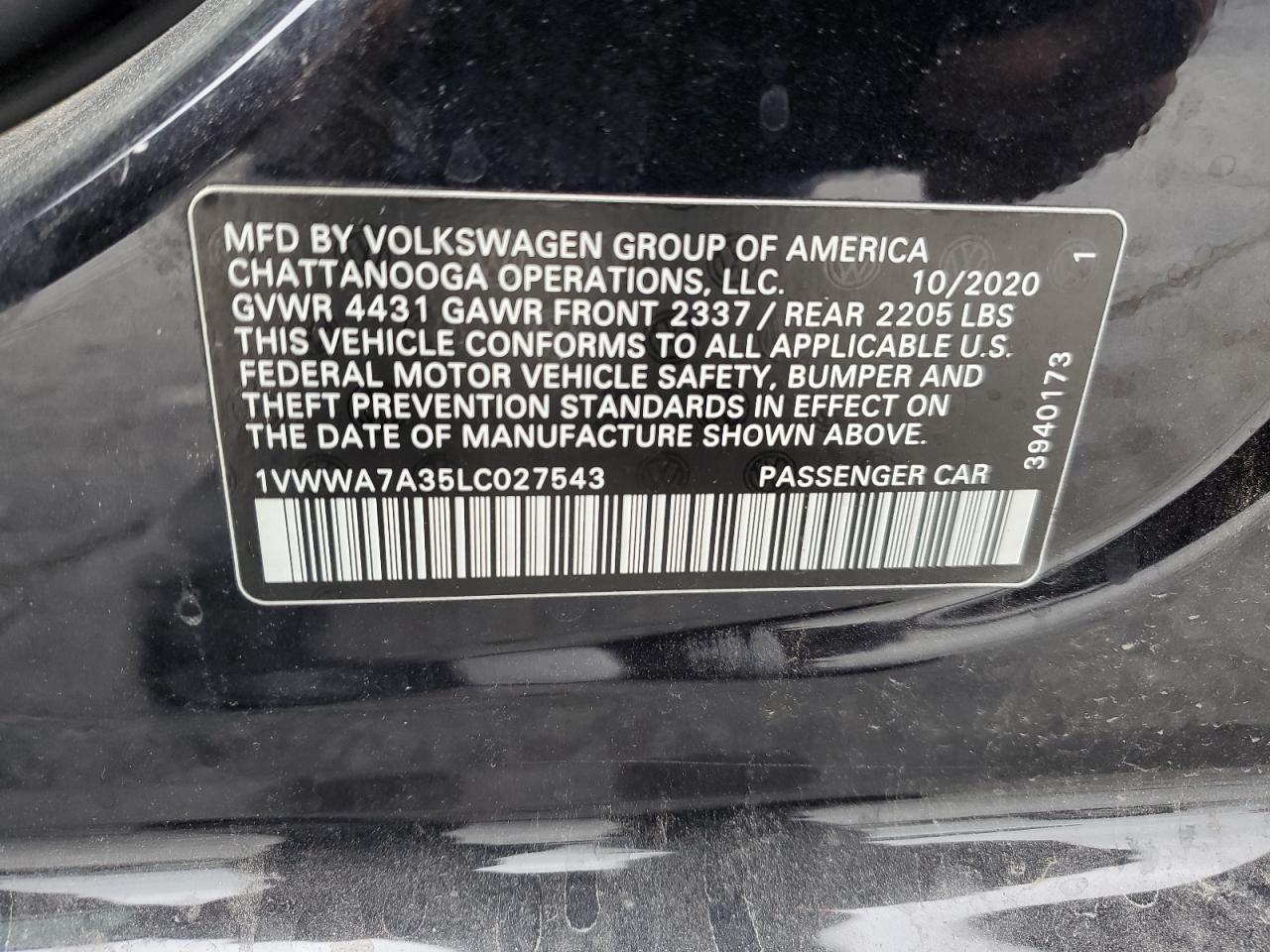 1VWWA7A35LC027543 2020 Volkswagen Passat Se