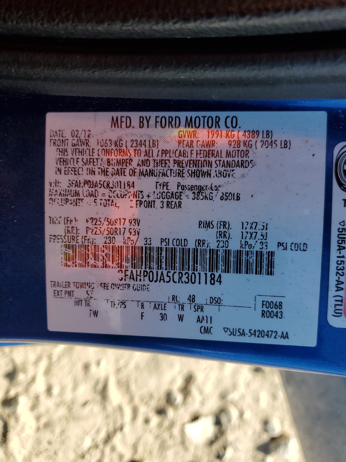 3FAHP0JA5CR301184 2012 Ford Fusion Sel