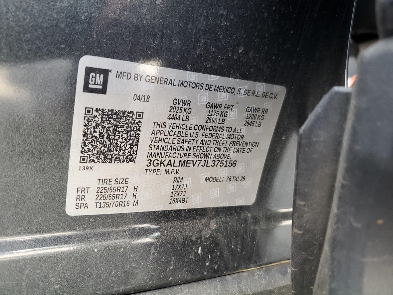 2018 GMC Terrain Sle VIN: 3GKALMEV7JL375156 Lot: 51486374