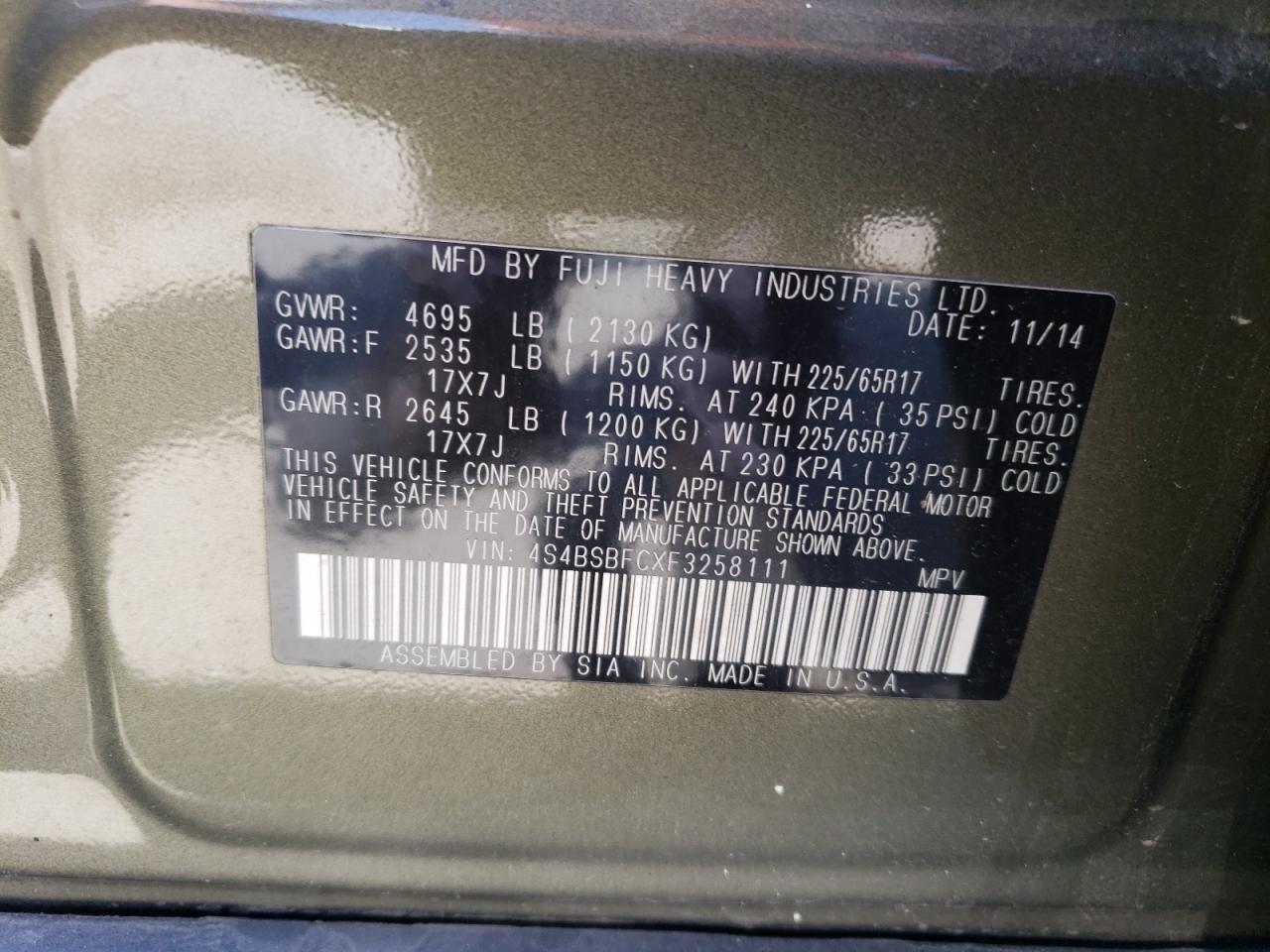 2015 Subaru Outback 2.5I Premium VIN: 4S4BSBFCXF3258111 Lot: 50651044