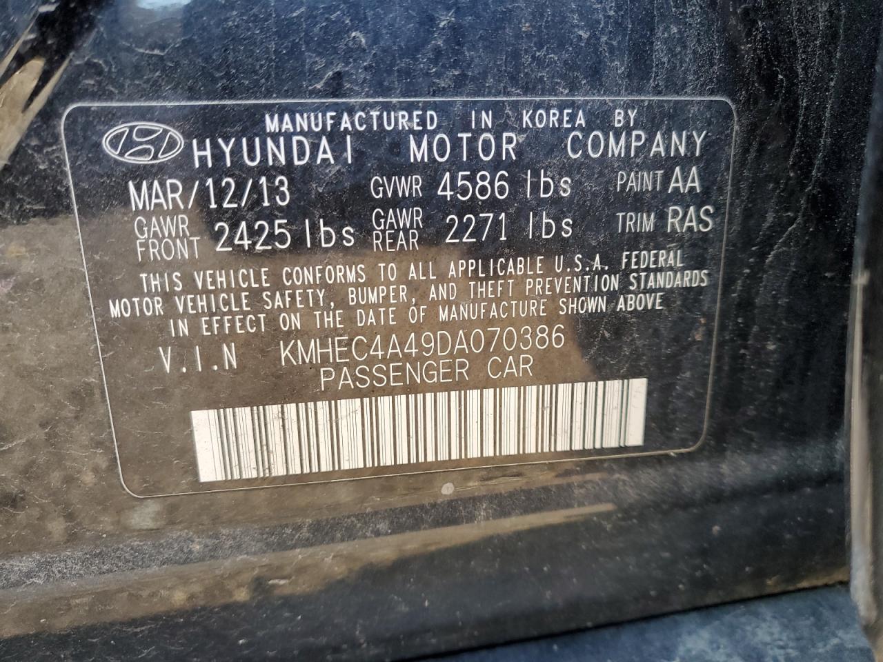 2013 Hyundai Sonata Hybrid VIN: KMHEC4A49DA070386 Lot: 51606574