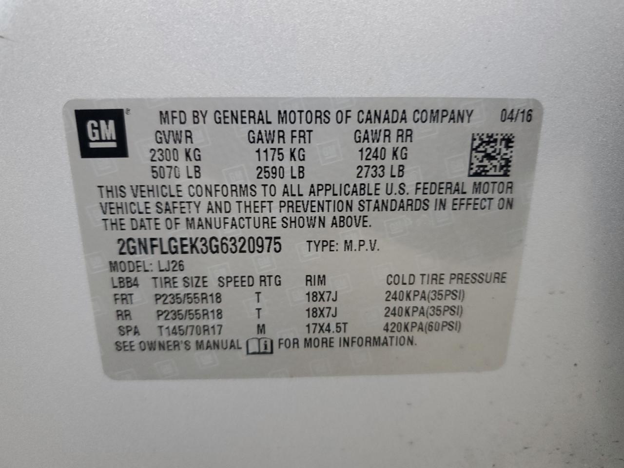 2GNFLGEK3G6320975 2016 Chevrolet Equinox Ltz