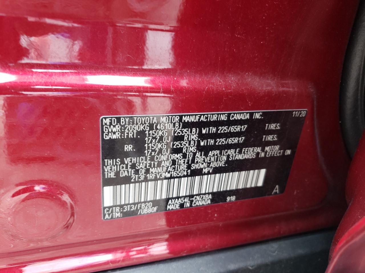 2021 Toyota Rav4 Le VIN: 2T3F1RFV3MW165041 Lot: 49502514