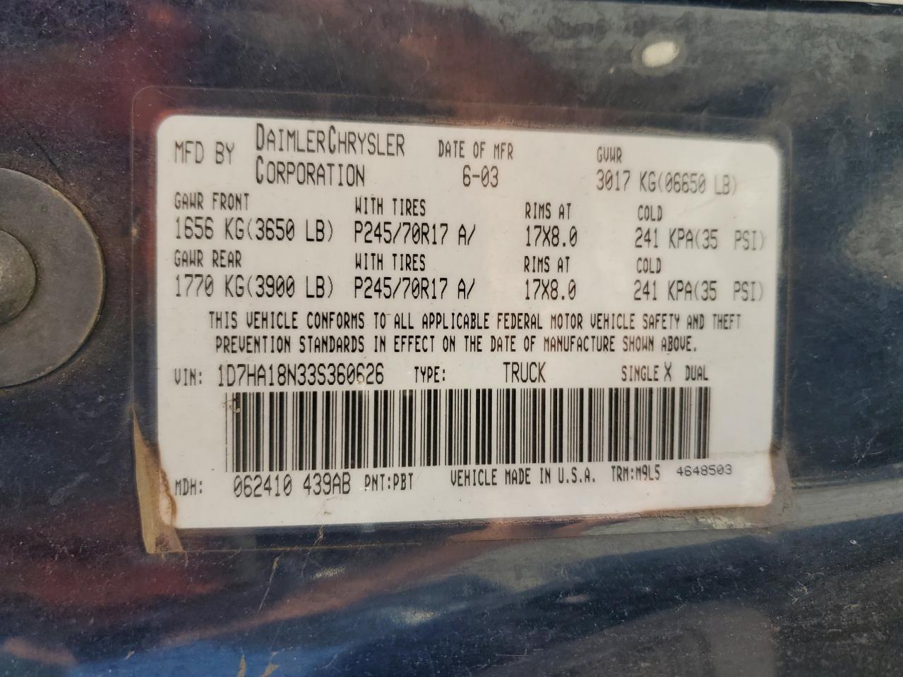 2003 Dodge Ram 1500 St VIN: 1D7HA18N33S360626 Lot: 50709174