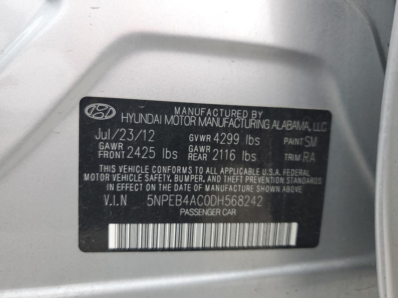 2013 Hyundai Sonata Gls VIN: 5NPEB4AC0DH568242 Lot: 52547114