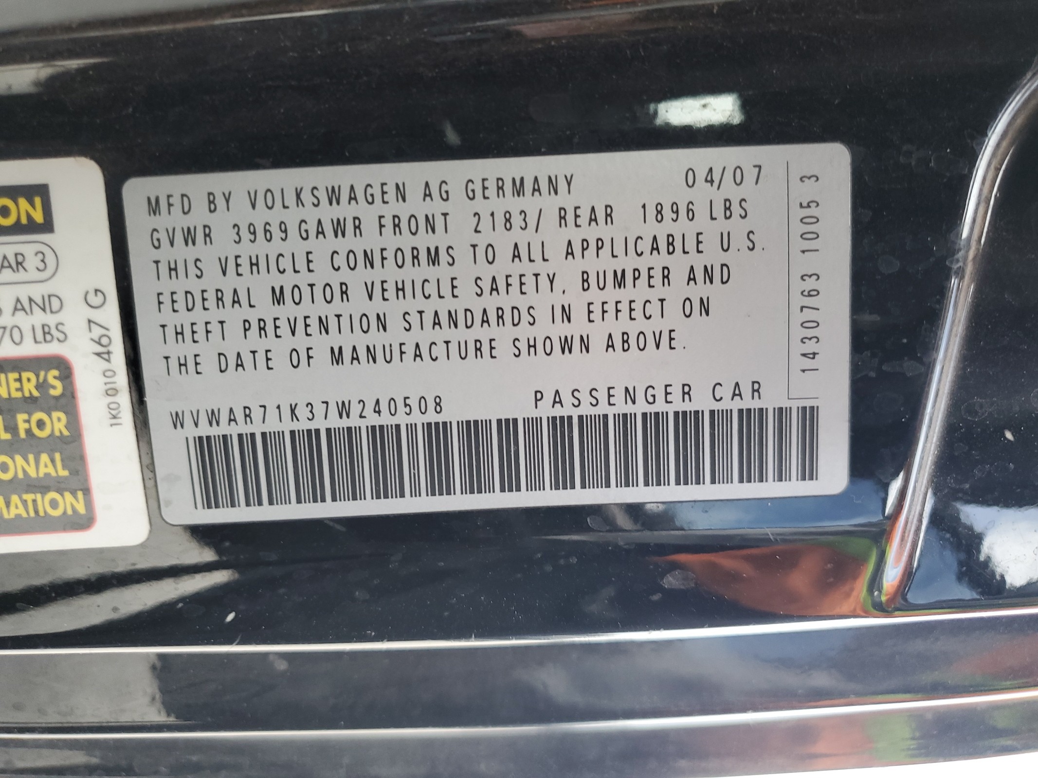 WVWAR71K37W240508 2007 Volkswagen Rabbit