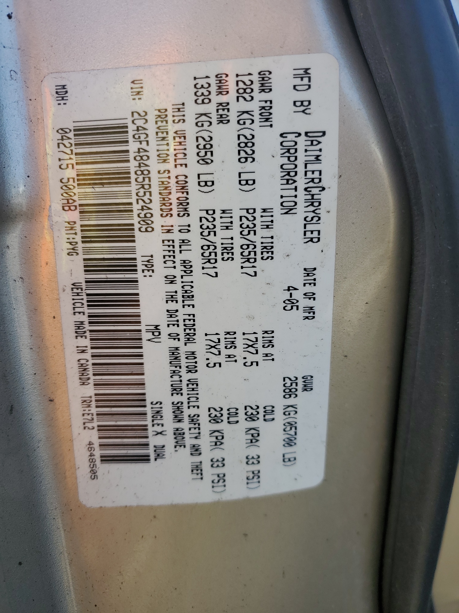 2C4GF48485R524909 2005 Chrysler Pacifica