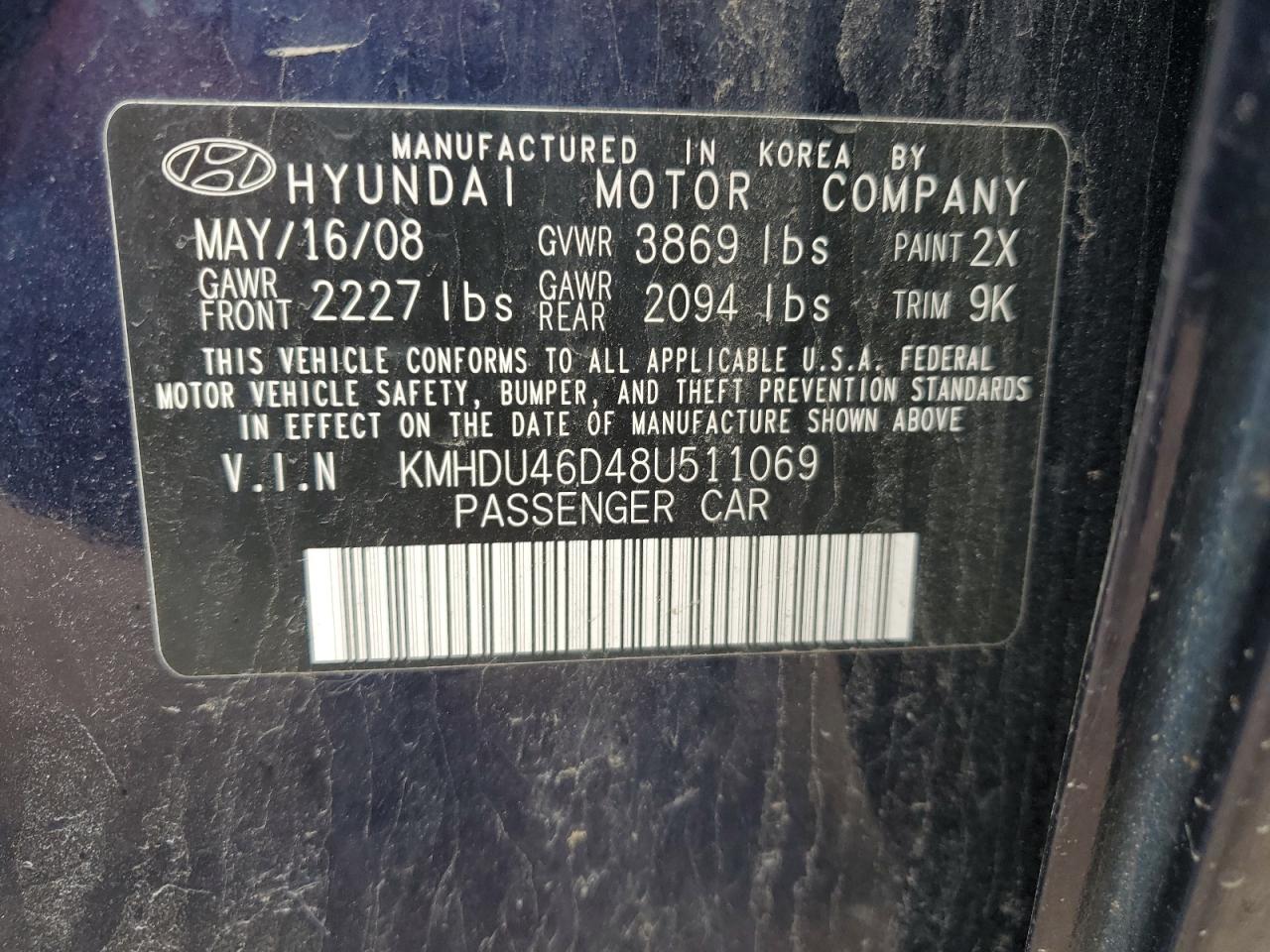 2008 Hyundai Elantra Gls VIN: KMHDU46D48U511069 Lot: 51334334