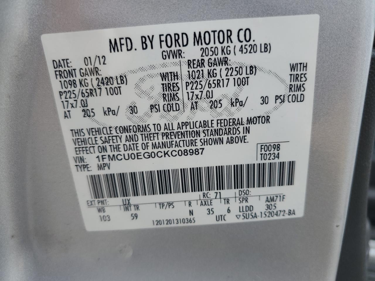 1FMCU0EG0CKC08987 2012 Ford Escape Limited