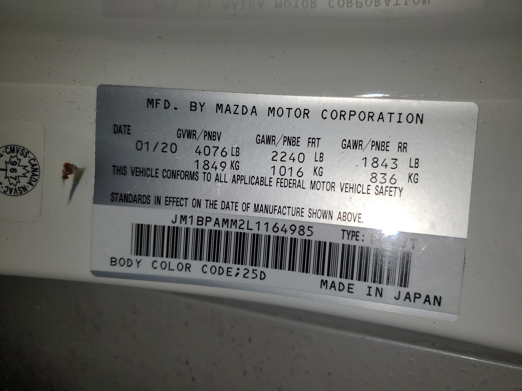 JM1BPAMM2L1164985 2020 Mazda 3 Preferred