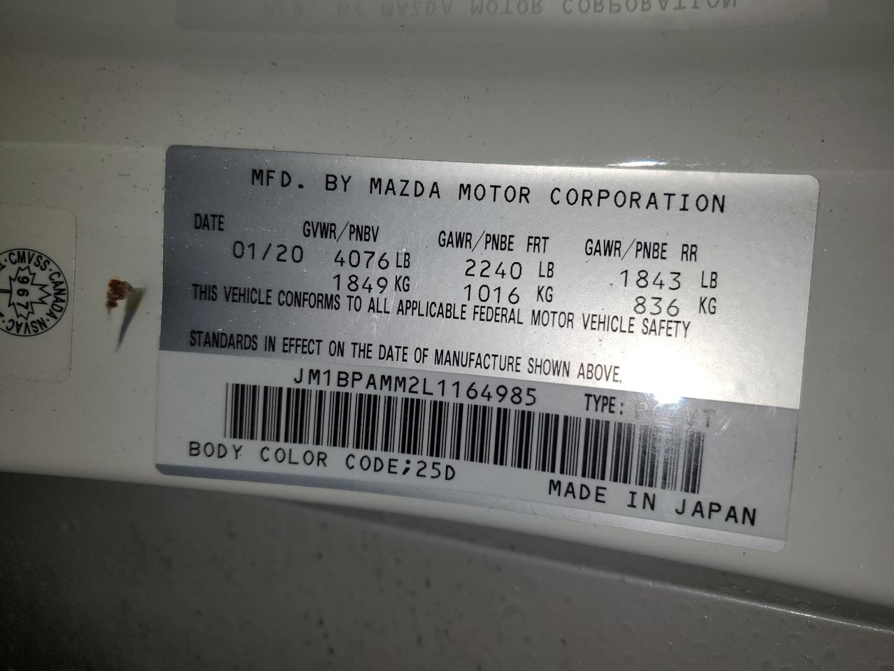 2020 Mazda 3 Preferred VIN: JM1BPAMM2L1164985 Lot: 49012944