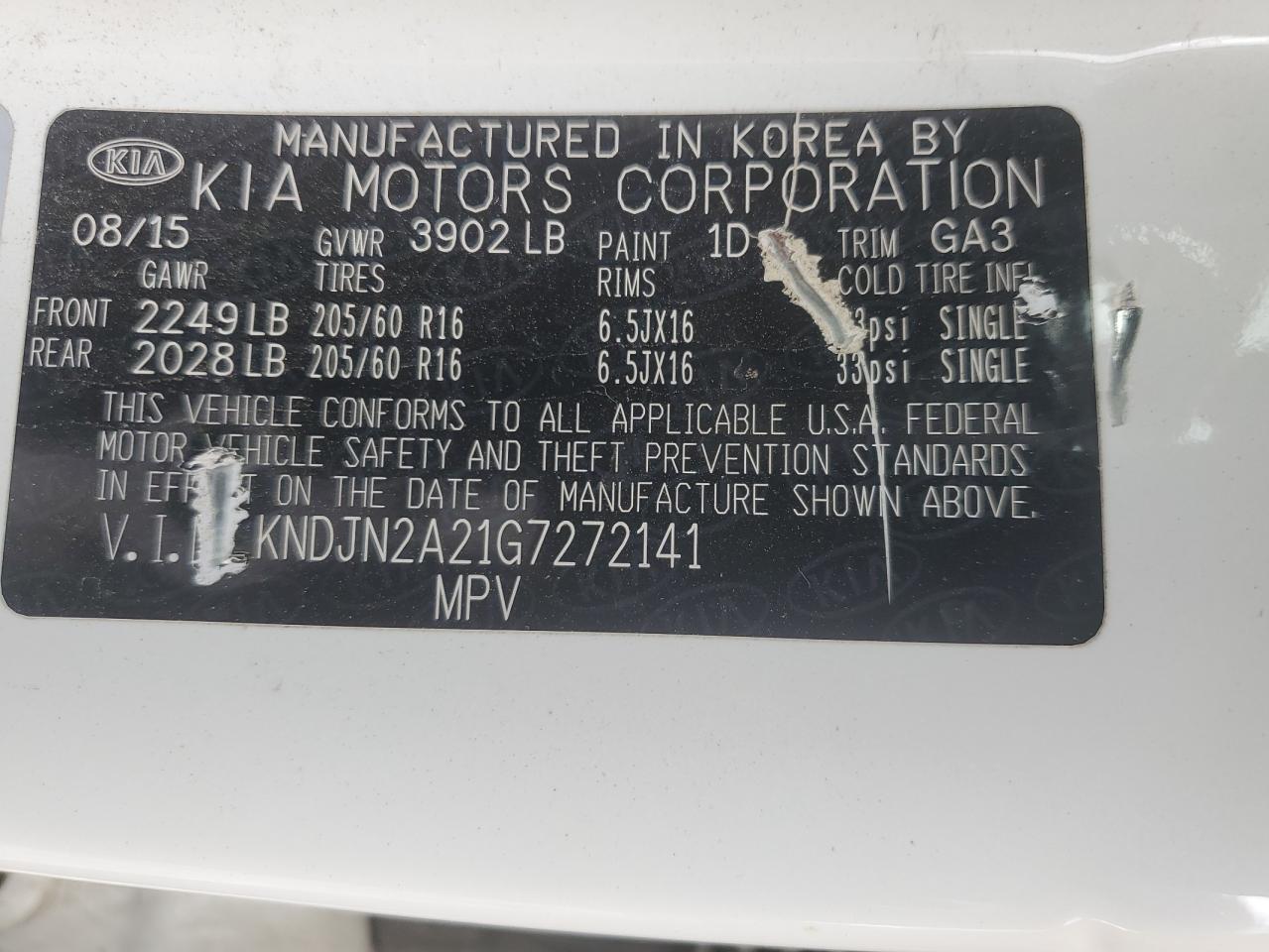 2016 Kia Soul VIN: KNDJN2A21G7272141 Lot: 52538004