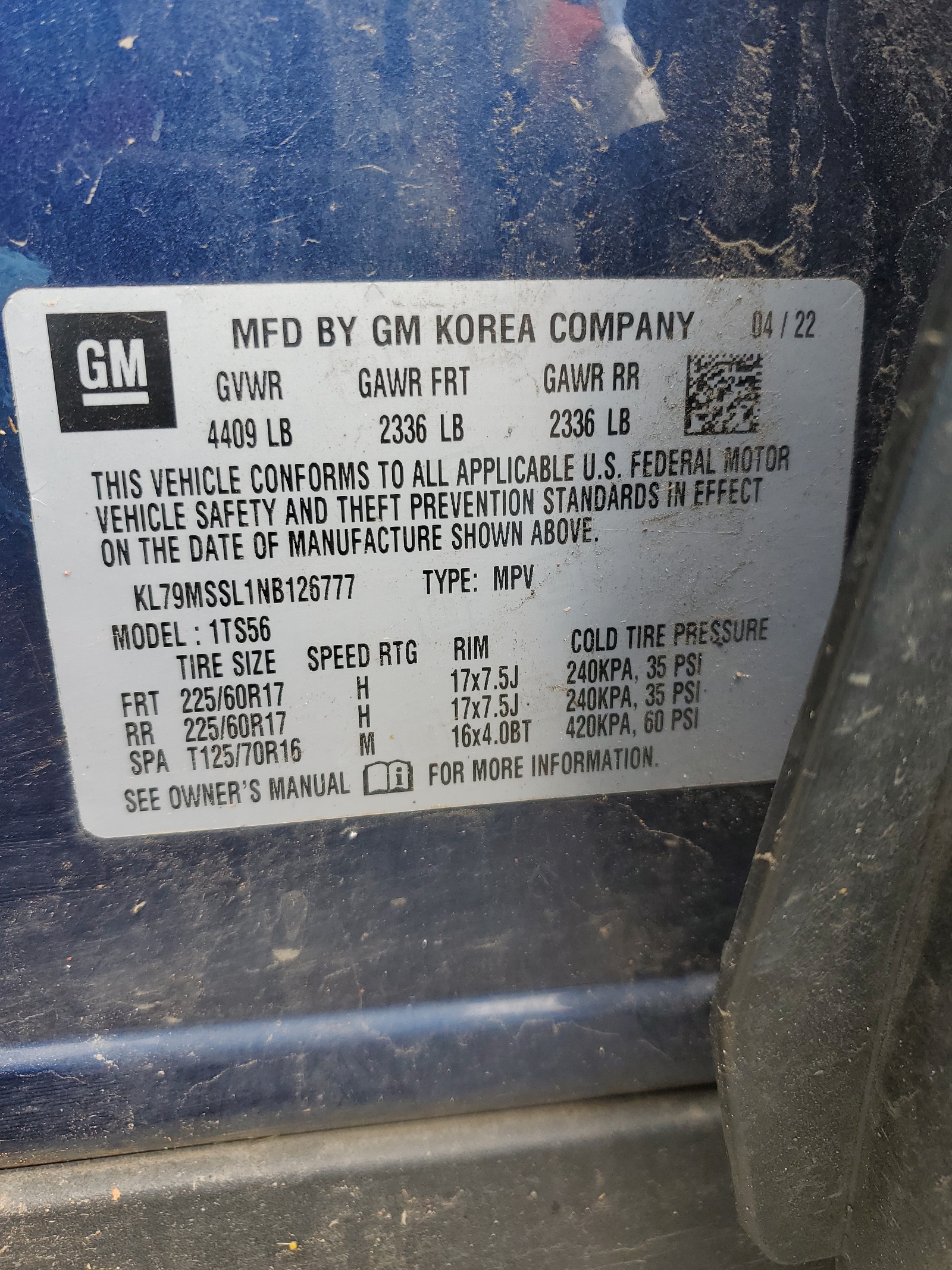 KL79MSSL1NB126777 2022 Chevrolet Trailblazer Activ