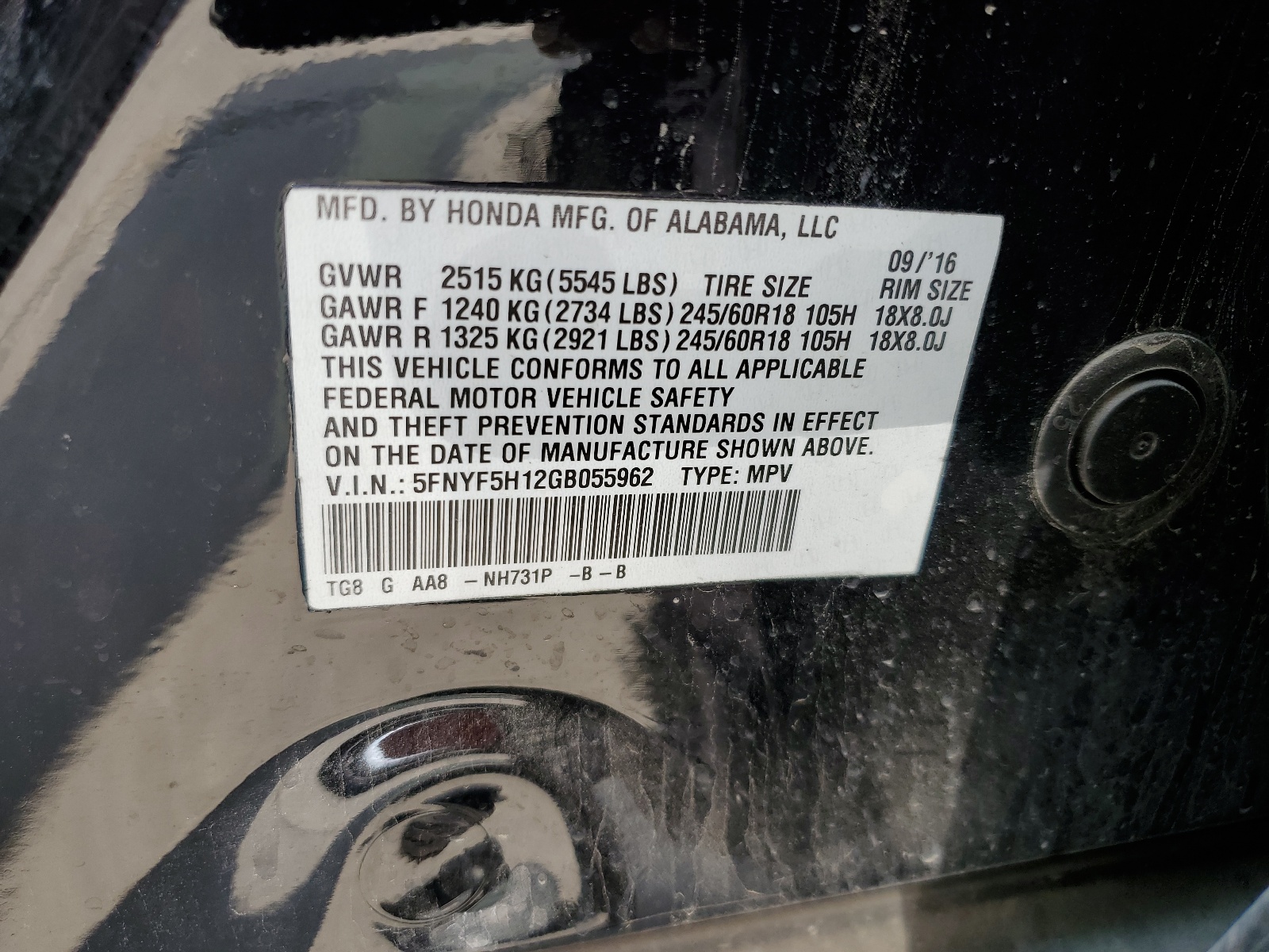 5FNYF5H12GB055962 2016 Honda Pilot Lx