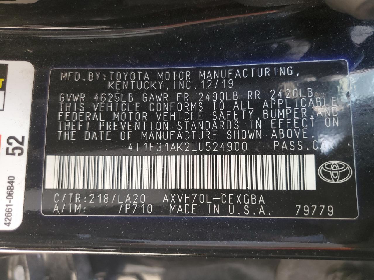 4T1F31AK2LU524900 TOYOTA CAMRY 2020