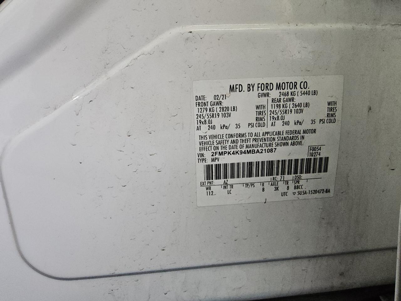 2FMPK4K94MBA21087 FORD EDGE 2021