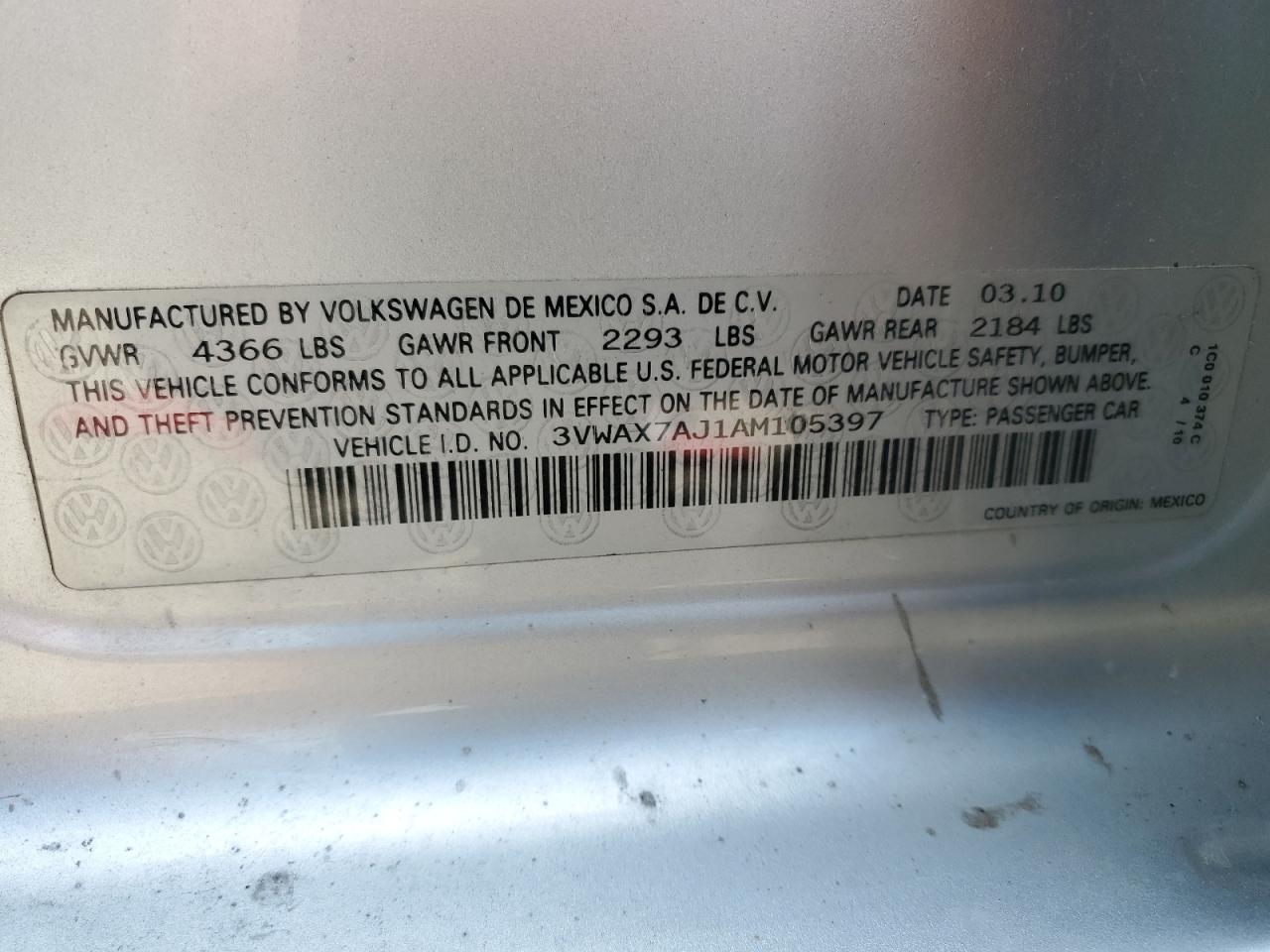 2010 Volkswagen Jetta Limited VIN: 3VWAX7AJ1AM105397 Lot: 53749085