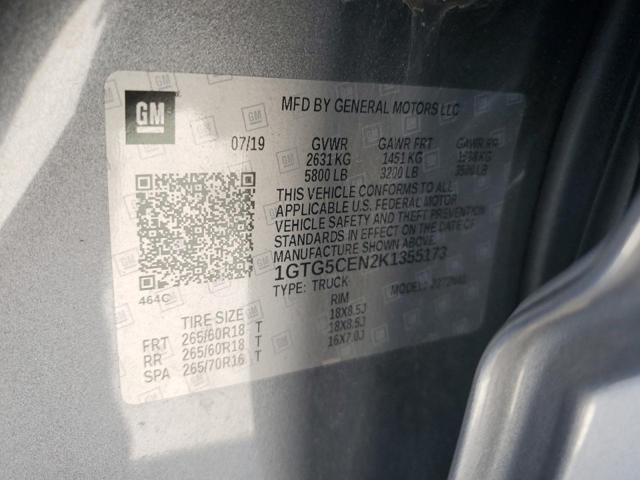 2019 GMC Canyon Sle VIN: 1GTG5CEN2K1355173 Lot: 52942685