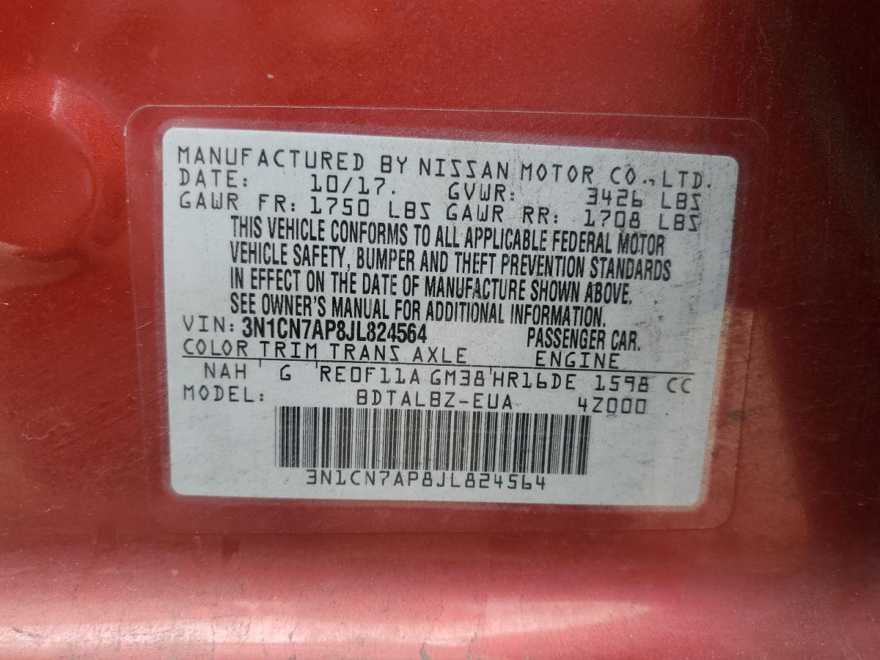 3N1CN7AP8JL824564 NISSAN VERSA 2018
