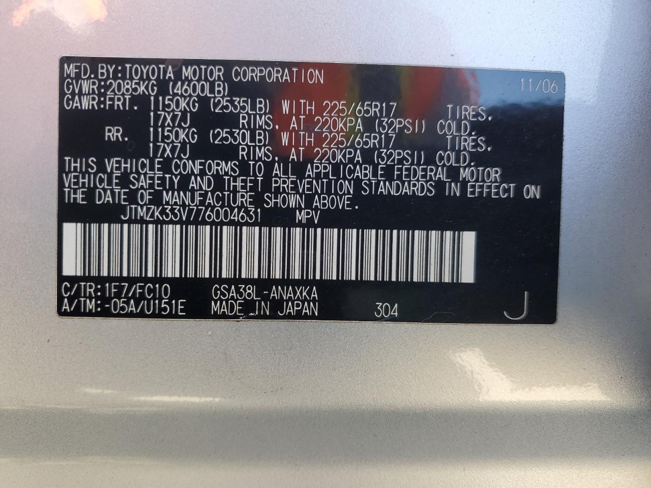 2007 Toyota Rav4 VIN: JTMZK33V776004631 Lot: 54261865