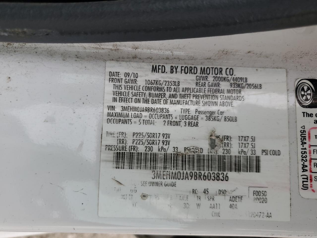 2011 Mercury Milan Premier VIN: 3MEHM0JA9BR603836 Lot: 55242135