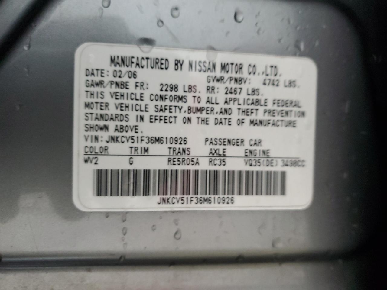 2006 Infiniti G35 VIN: JNKCV51F36M610926 Lot: 53674655