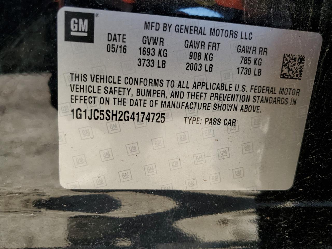 1G1JC5SH2G4174725 CHEVROLET SONIC 2016