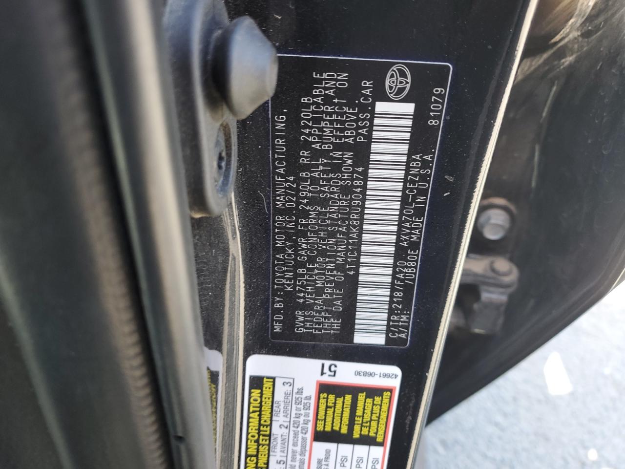 4T1C11AK8RU904874 TOYOTA CAMRY 2024