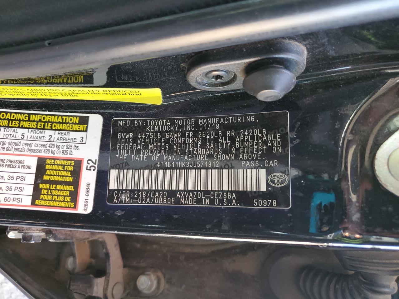 4T1B11HK3JU571912 TOYOTA CAMRY 2018