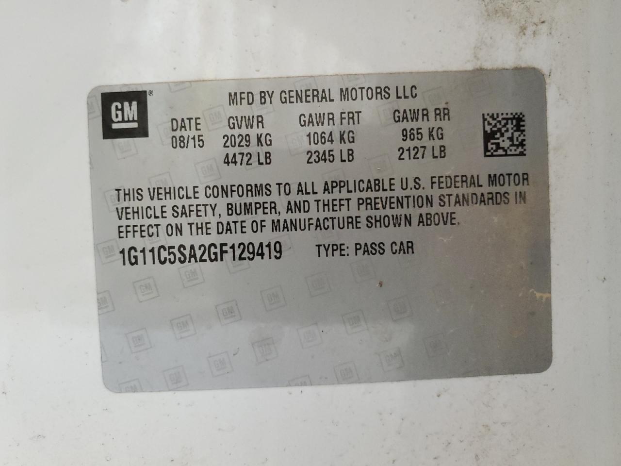 1G11C5SA2GF129419 CHEVROLET MALIBU 2016
