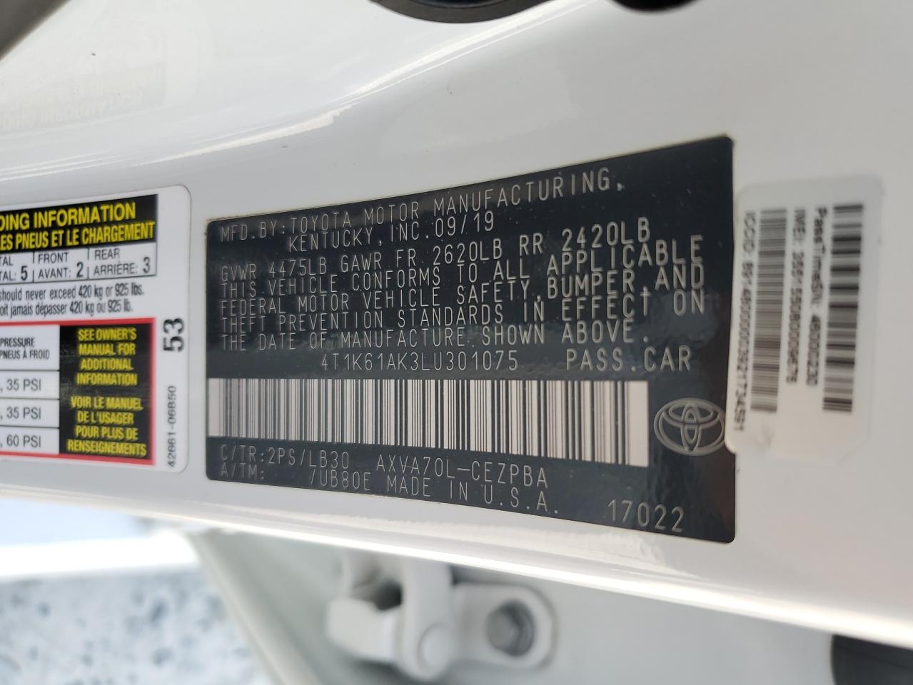 2020 Toyota Camry Xse VIN: 4T1K61AK3LU301075 Lot: 55022275