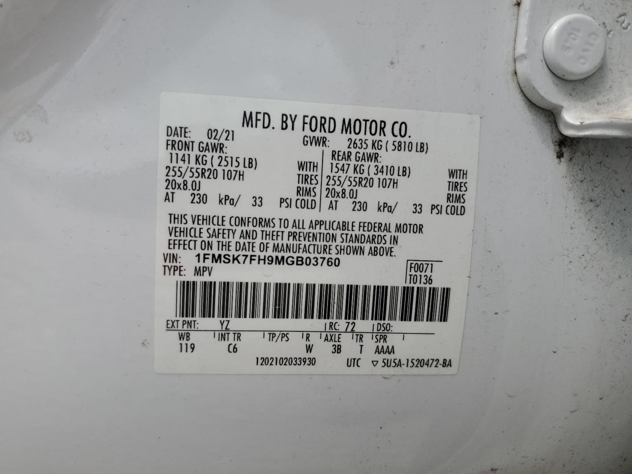 1FMSK7FH9MGB03760 FORD EXPLORER 2021