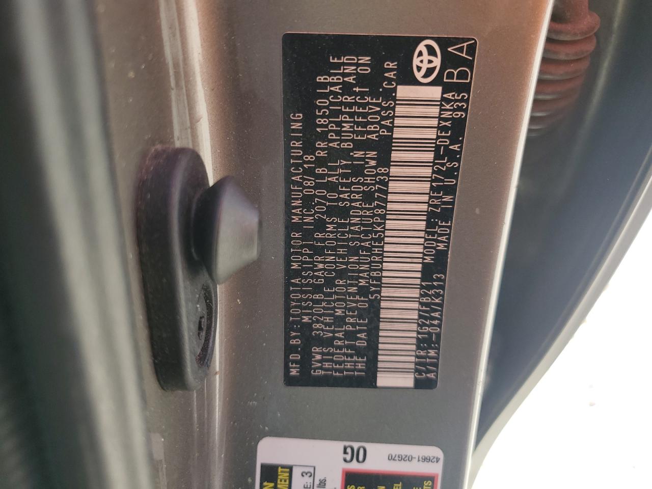 5YFBURHE5KP877738 TOYOTA COROLLA 2019