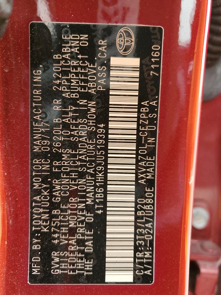 4T1B61HK9JU519394 TOYOTA CAMRY 2018
