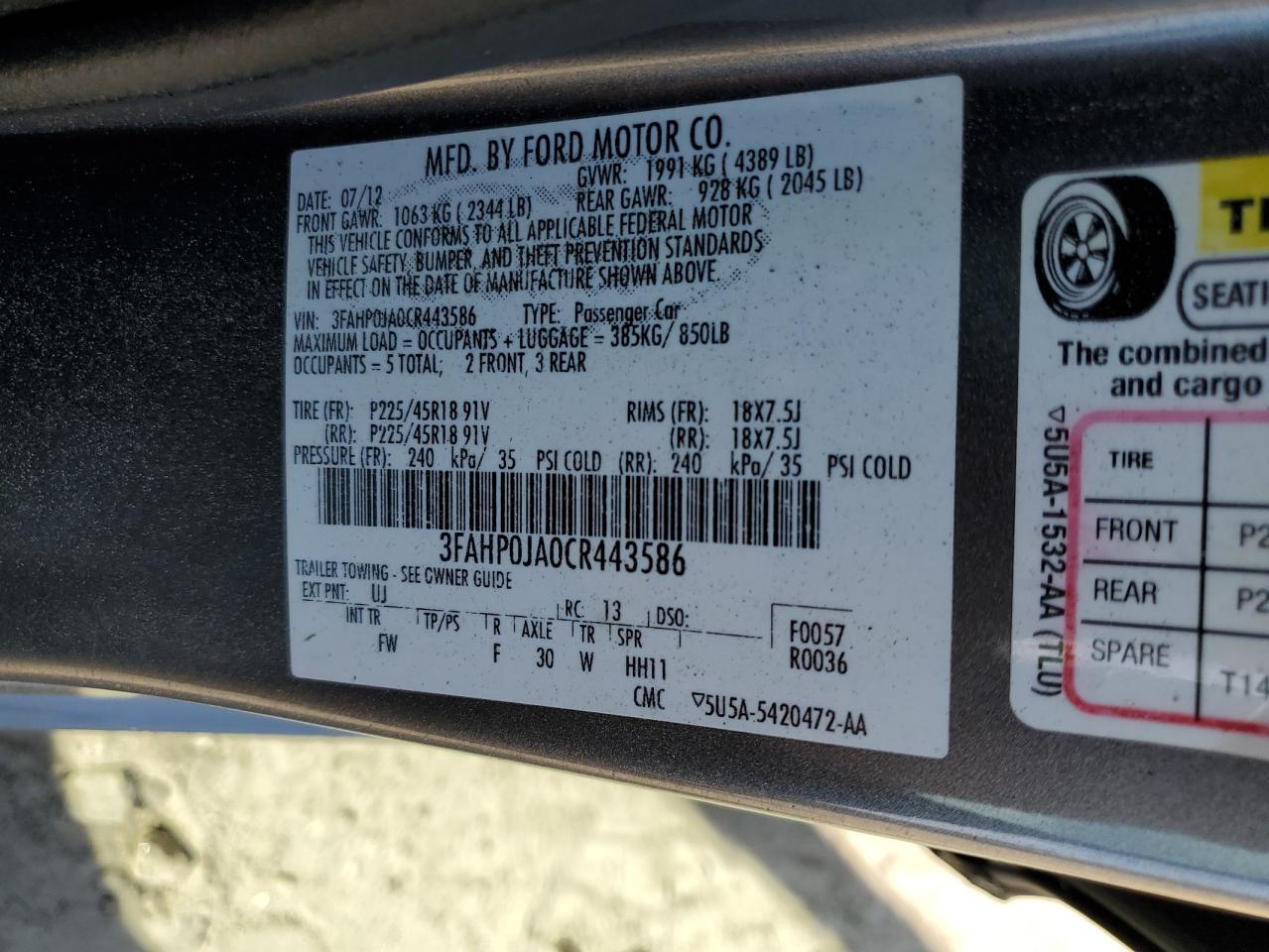 2012 Ford Fusion Sel VIN: 3FAHP0JA0CR443586 Lot: 54417745