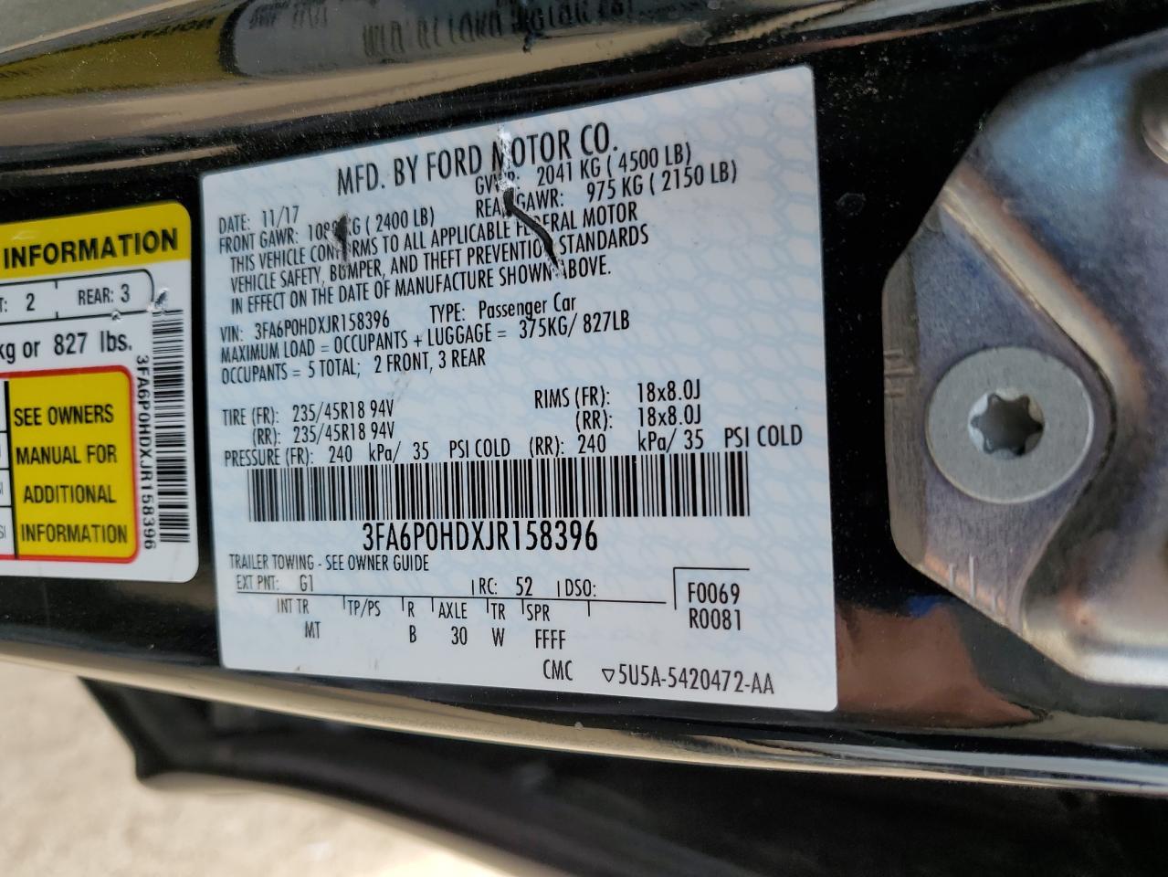 3FA6P0HDXJR158396 FORD FUSION 2018