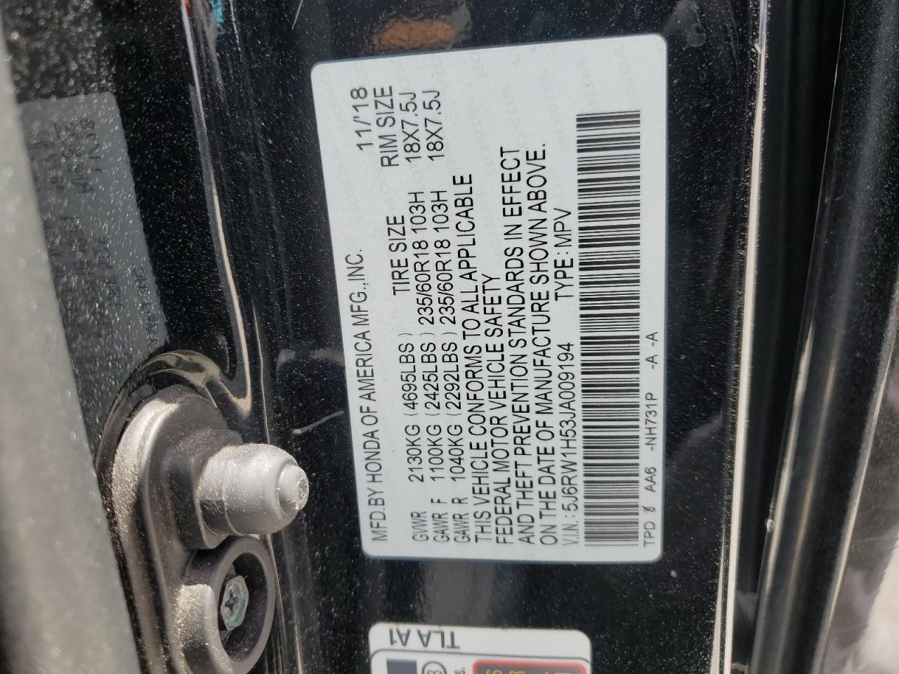 5J6RW1H53JA009194 HONDA CRV 2018