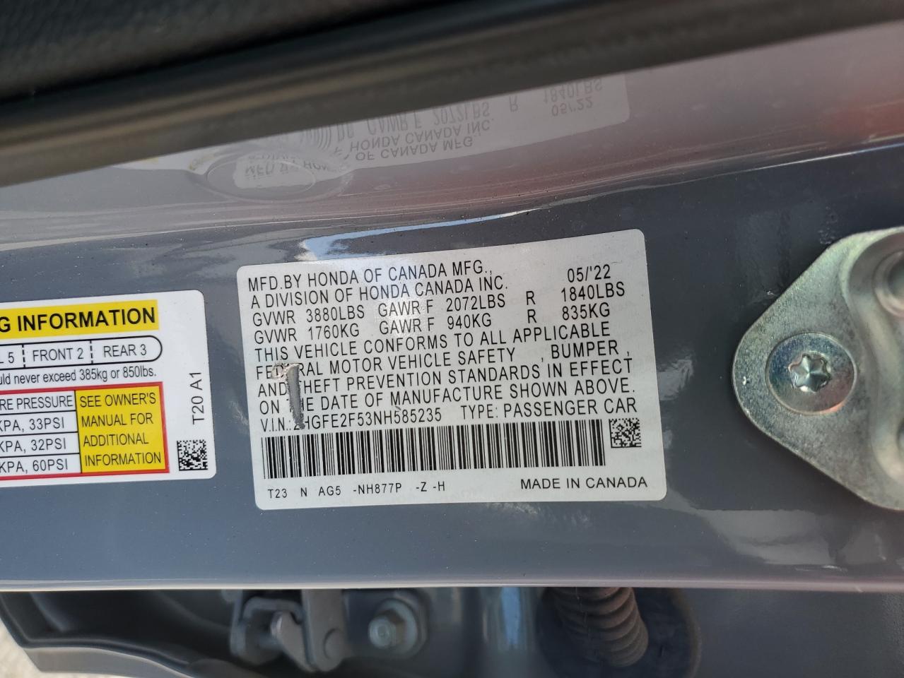 2HGFE2F53NH585235 HONDA CIVIC 2022