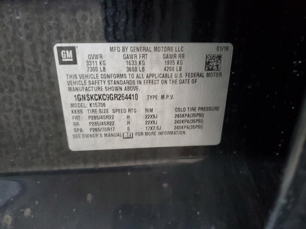 1GNSKCKC9GR264410 CHEVROLET TAHOE 2016