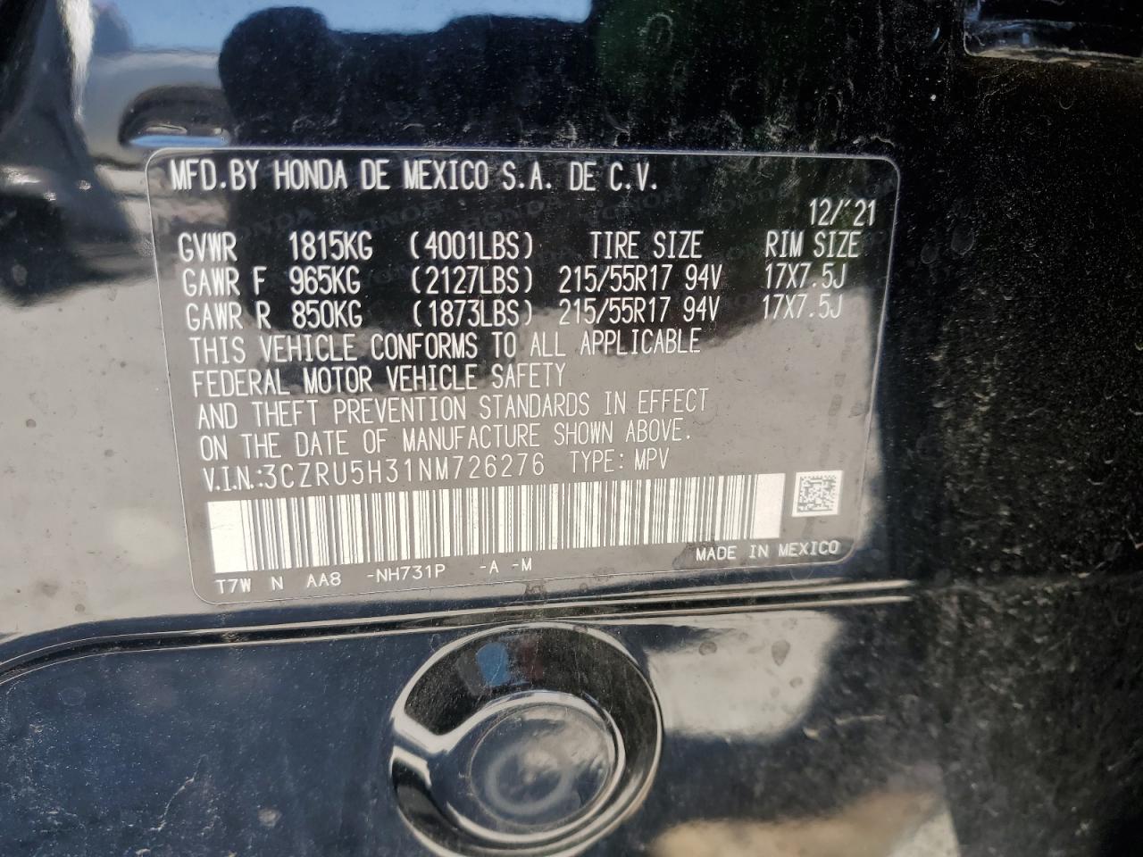 3CZRU5H31NM726276 HONDA HR-V 2022