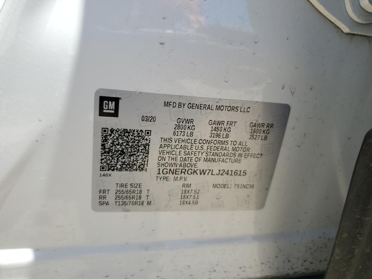 1GNERGKW7LJ241615 CHEVROLET TRAVERSE 2020