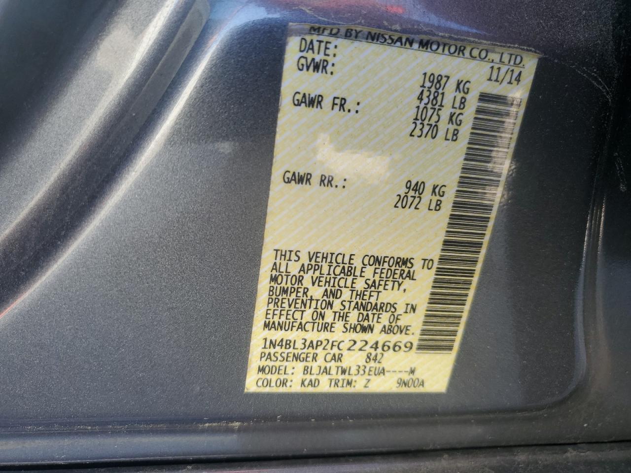 1n4bl3ap2fc224669 1N4BL3AP2FC224669 2015 Nissan Altima 3.5S