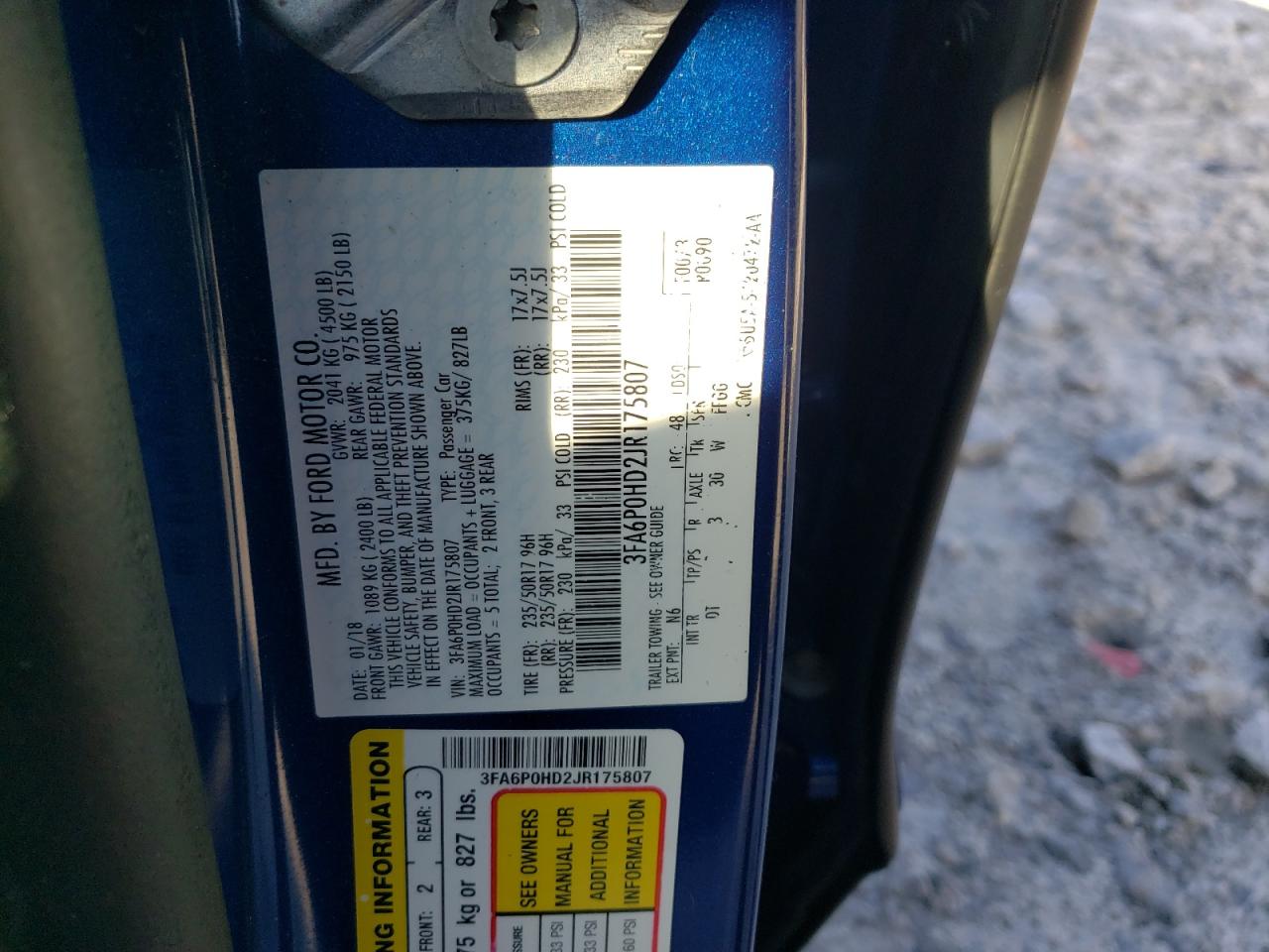 3FA6P0HD2JR175807 FORD FUSION 2018